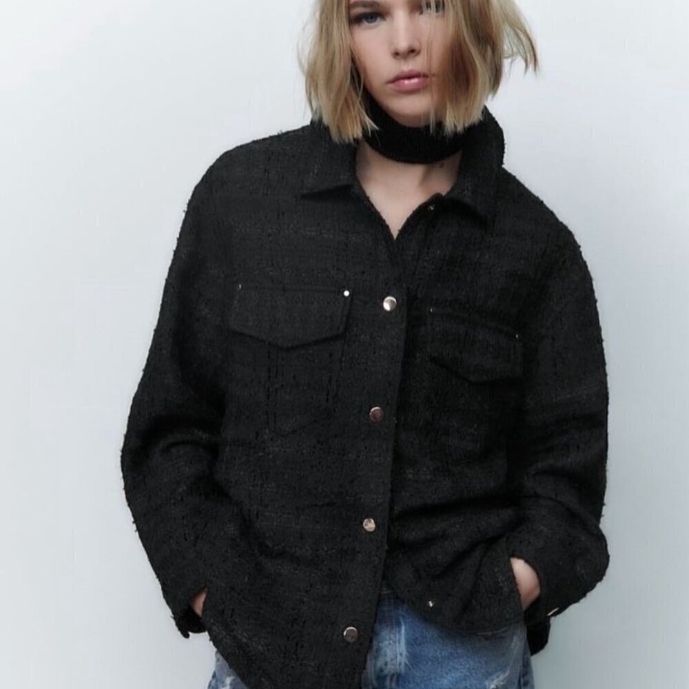 Zara Black Tweed Oversized Shirt Jacket, Size Small